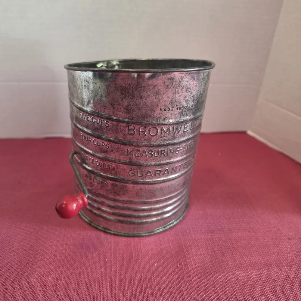 Vintage Bromwell Flour Sifter Metal Green Wood Handle Crank Kitchen Tool Antique
